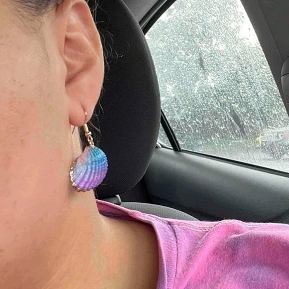 Gold statement earrings blue pink seashell boho mermaid beach tropical 💖 2/$30 - Picture 13 of 13